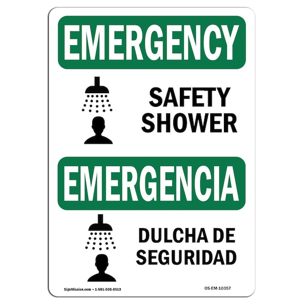 Safety Sign, OSHA EMERGENCY, 7" Height, Aluminum, Safety Shower With Symbol Bilingual, Landscape